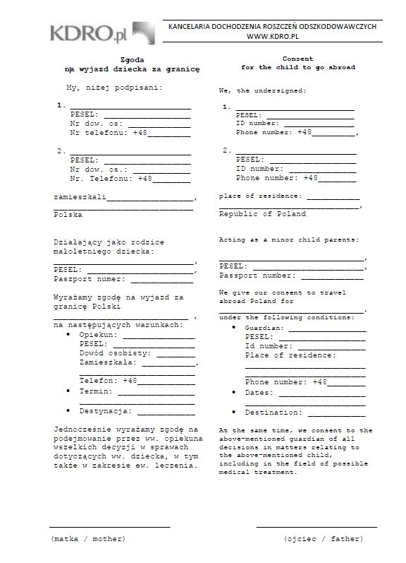 Zgoda rodziców na wyjazd dziecka za granicę wzór po polsku i angielsku pdf za darmo